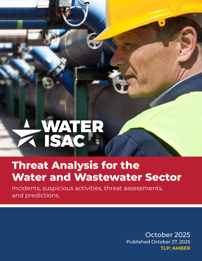 WaterISAC Threat Analysis for the Water and Wastewater Sector pdf booklet graphic with image of wastewater personnel with yellow hat overlooking a complex water facility